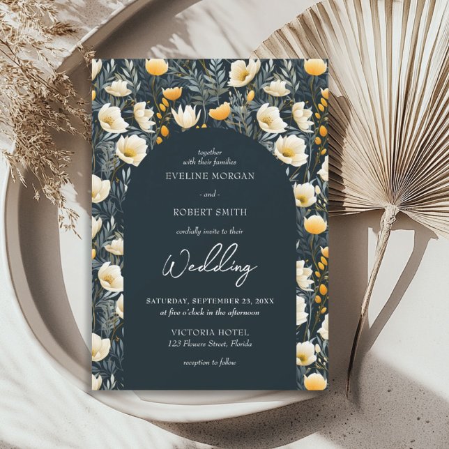 Convites Flores silvestres de marfim verde-escuro (Boho arch dark green yellow ivory wild flowers invitation)