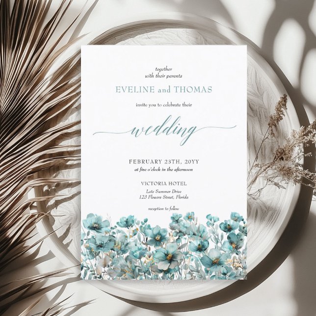 Convites Flores silvestres de turquesa de verão, de boho mi (Soft minimalist boho summer turquoise wildflowers invitation)