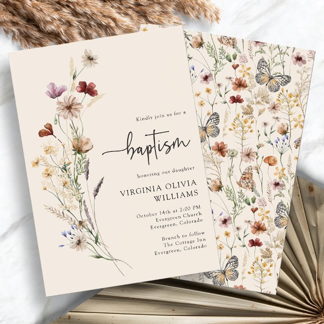 Convites Flores Silvestres do Batismo (Baptism Watercolor Boho Wildflowers Invitation by Painted Paperie
)