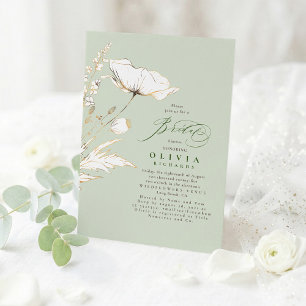 Convites Flores Silvestres Douradas Chá de Noiva Chic Verde