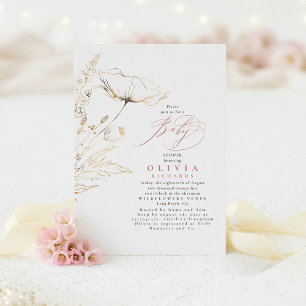 Convites Flores Silvestres Douradas Chique Rosa Poeira Chuv