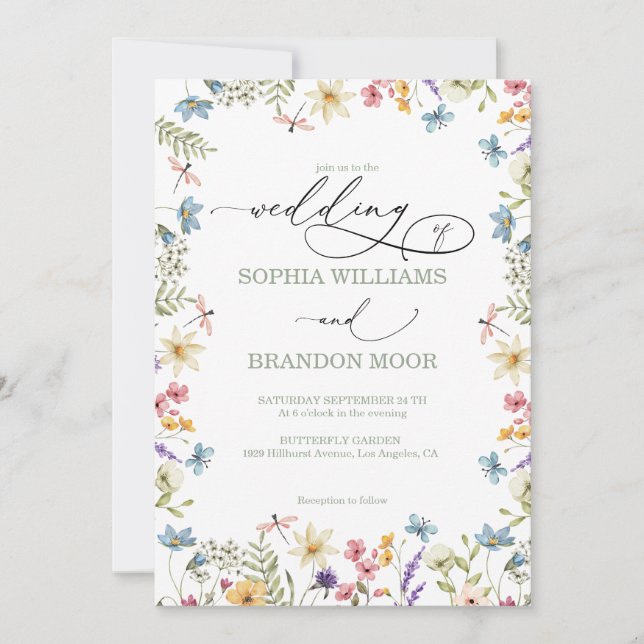 Convites Flores silvestres e Borboletas Casamento Moderno E (Frente)