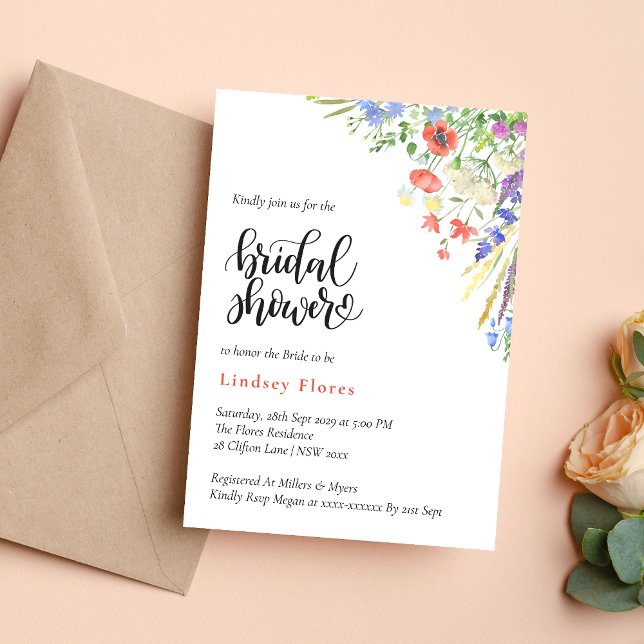 Convites Flores Silvestres Elegantes de Verão Chá de Noiva (Elegant summer meadow wildflowers invitation creates a bright, romantic bridal shower tone)