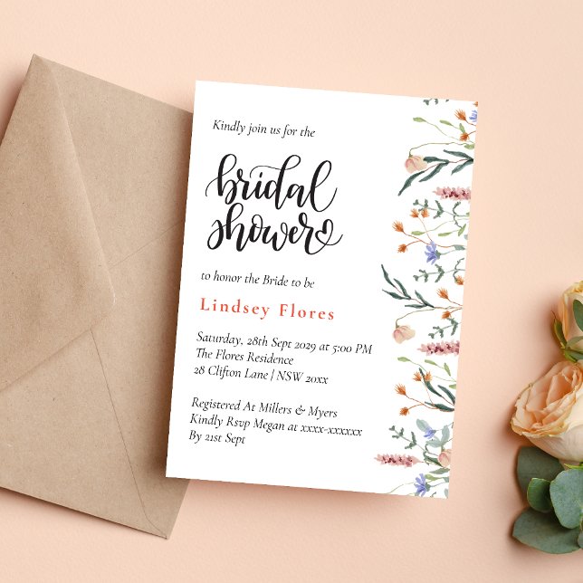 Convites Flores Silvestres Elegantes de Verão para Chá de N (Elegant summer meadow wildflowers invitation creates a bright, romantic bridal shower tone)