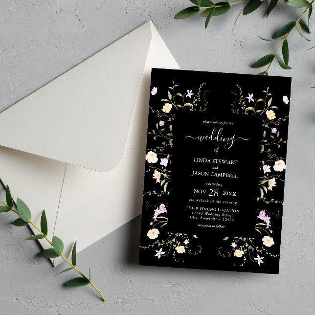 Convites Flores Silvestres Elegantes Preto e Branco Casamen (Black white wildflower wedding invitation brings timeless elegance to your special day)