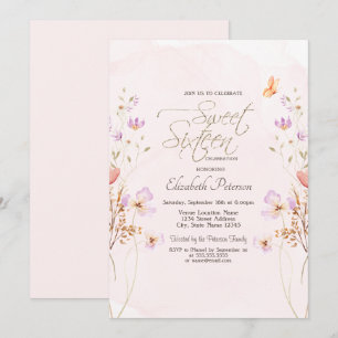 Convites Flores Silvestres Elegantes Rosa Aquarela Sweet 16