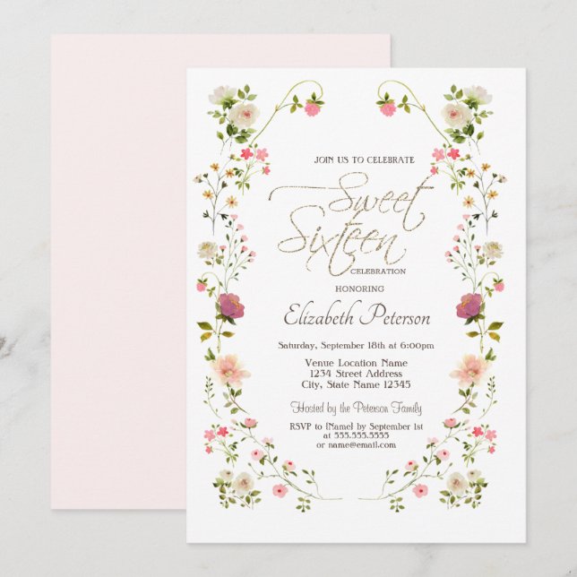 Convites Flores Silvestres Elegantes Sweet 16 (Frente/Verso)