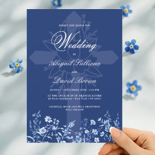 Convites Flores silvestres em Casamento Religioso Azul Fran
