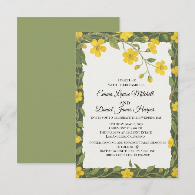 Convites Flores Silvestres Florais Amarelo Verde Elegantes (Frente/Verso)