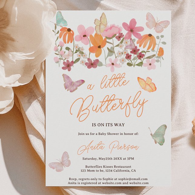 Convites Flores silvestres, flores silvestres, chá de frald (Cute boho wildflowers little butterfly baby shower invitation)
