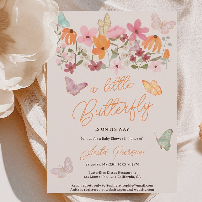 Convites Flores silvestres, flores silvestres, chá de frald (Cute boho wildflowers little butterfly baby shower invitation on pink)
