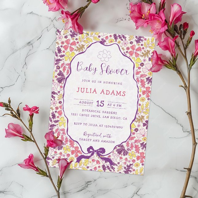 Convites Flores Silvestres Laço Rosa Roxo Chuvinha de Bebê (Criador carregado)