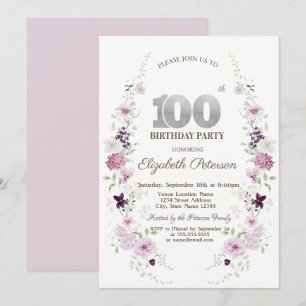 Convites Flores Silvestres Lilás Aquarela 100º Aniversário