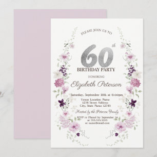 Convites Flores Silvestres Lilás Aquarela Aniversário de 60