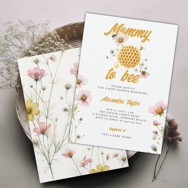 Convites Flores silvestres Mamães de favos Bebê Chá (mommy to bee baby girl shower invitation watercolor illustration honey comb whimsical wildflowers)