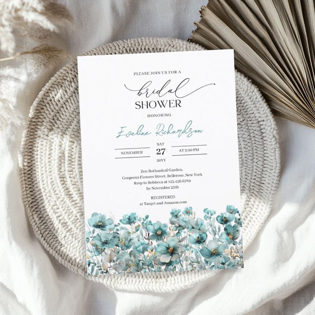 Convites Flores-silvestres poeirentas de primavera azul-poe (Trendy watercolor dusty blue spring wildflowers invitation)