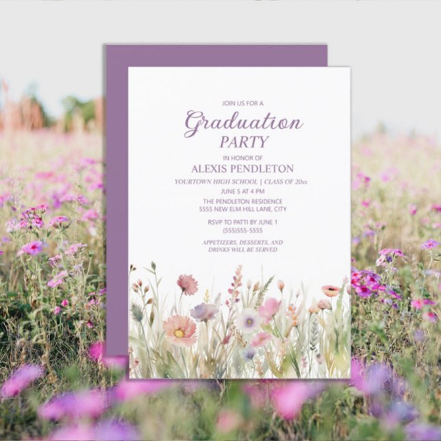 Convites Flores Silvestres Rosa Roxo Formatura Ensino Médio (Wildflowers purple graduation party invitations)