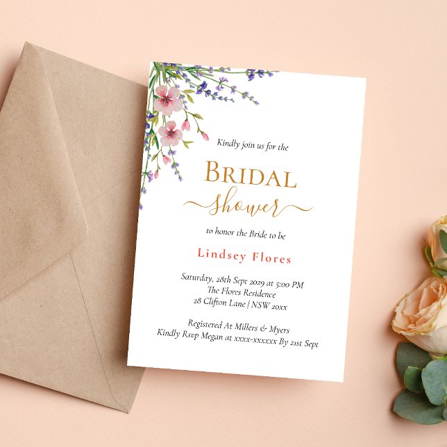 Convites Flores Silvestres Rosa Suave Folhagens Dourado Chá (Soft pink wildflowers greenery gold invitation sets a fresh, romantic bridal shower tone)