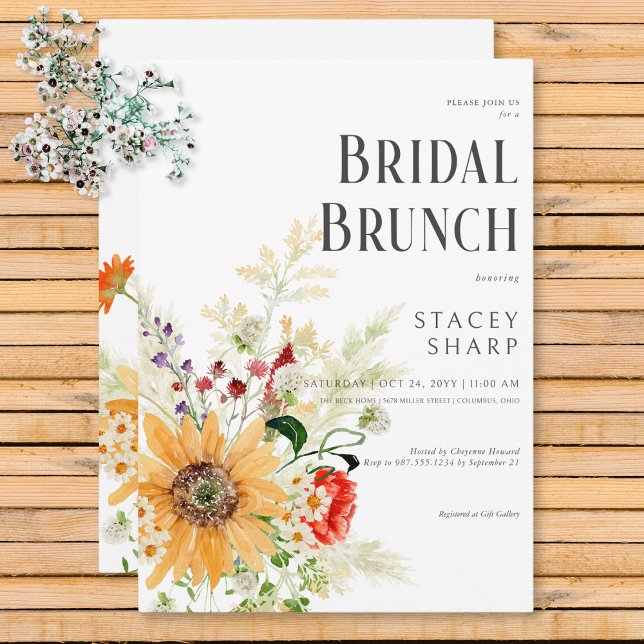 Convites Flores Silvestres Rústicas & Brunch de Noiva com G (Rustic Wildflowers & Sunflowers Bridal Brunch Invitation)