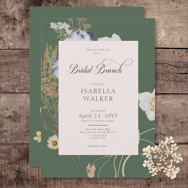 Convites Flores Silvestres Rústicas em Brunch de Noiva Verd (Rustic Wildflowers on Sage Green Bridal Brunch Invitation)