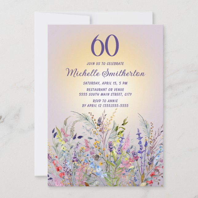 Convites Flores Silvestres Sol Roxo Aniversário de 60 anos  (Frente)