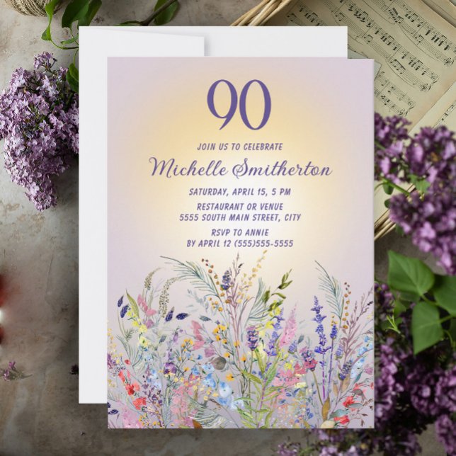Convites Flores Silvestres Sol Roxo Aniversário de 90 anos  (Wildflowers and sunshine on purple women's 90th birthday party invitation)