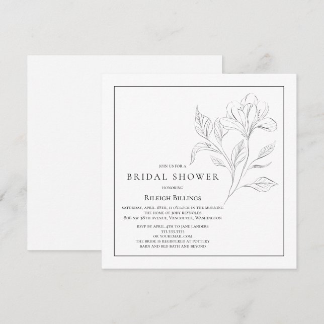 Convites Flores Simples em Preto e Branco para Chá de Noiva (Frente/Verso)