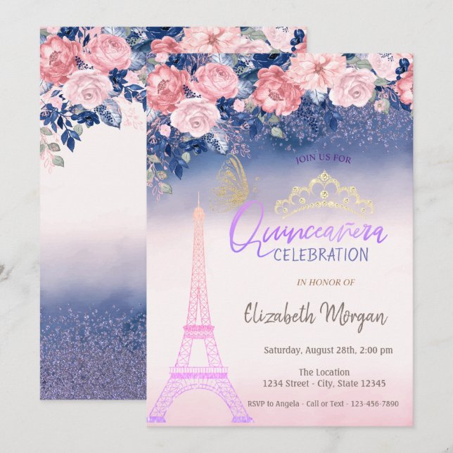 Convites Flores,Torre Eiffel Borboleta Ombre Quinceanera  (Frente/Verso)
