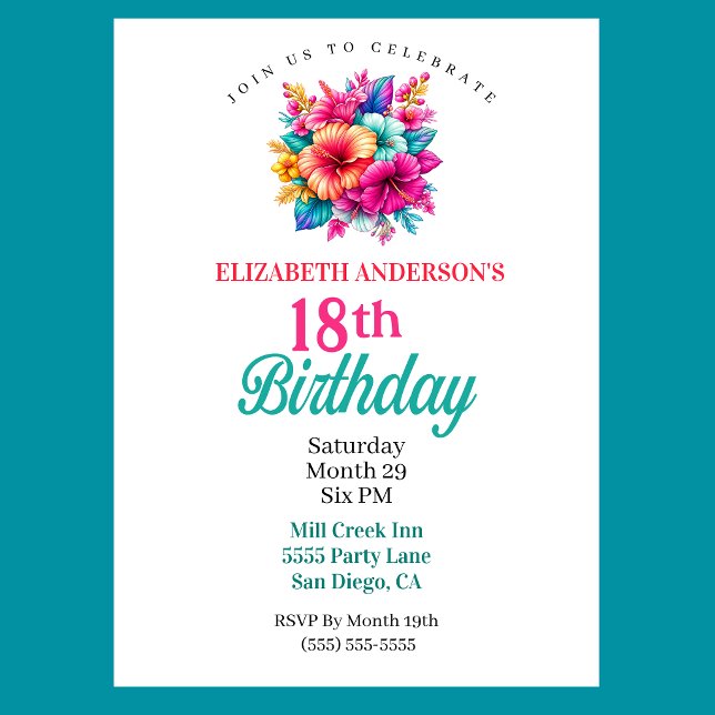 Convites Flores Tropicais Aniversário de 18 anos (Pretty Tropical Flowers 18th Birthday Invitation For Girls)