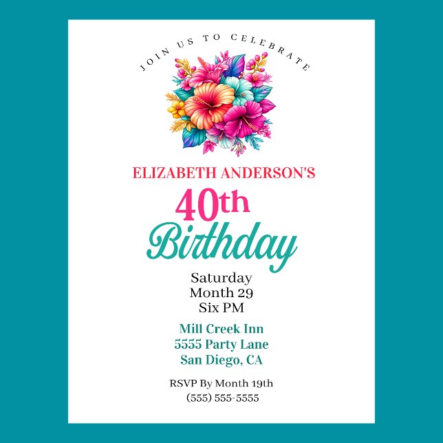 Convites Flores Tropicais Aniversário de 40 anos (Tropical Flowers 40th Birthday Invitation For Women.  )