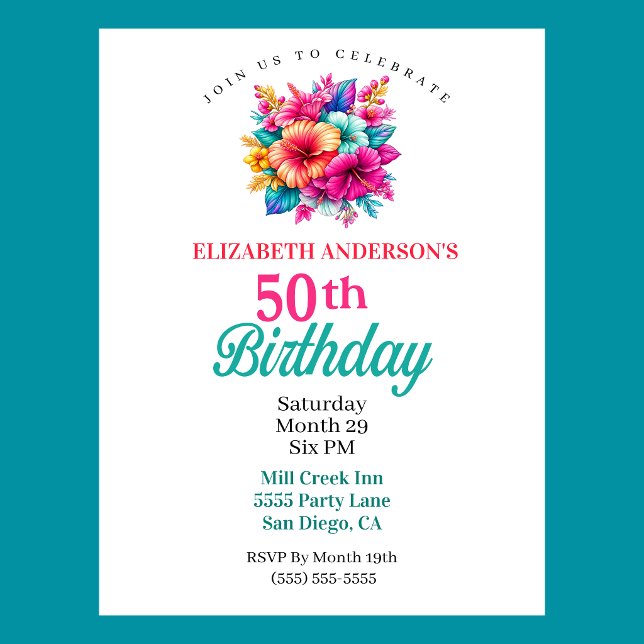 Convites Flores Tropicais Aniversário de 50 anos (Tropical Flowers 50th Birthday Invitation For Women.  )