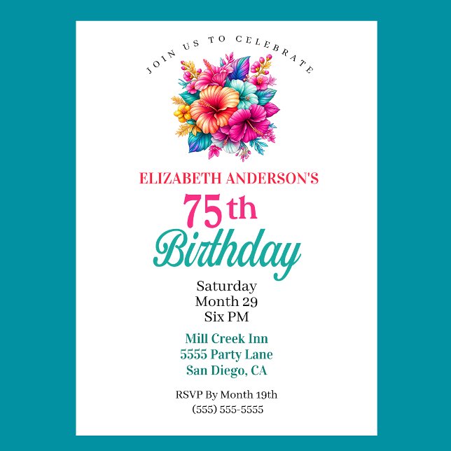Convites Flores Tropicais Aniversário de 75 anos (Tropical Flowers 75th Birthday Invitation For Women.)