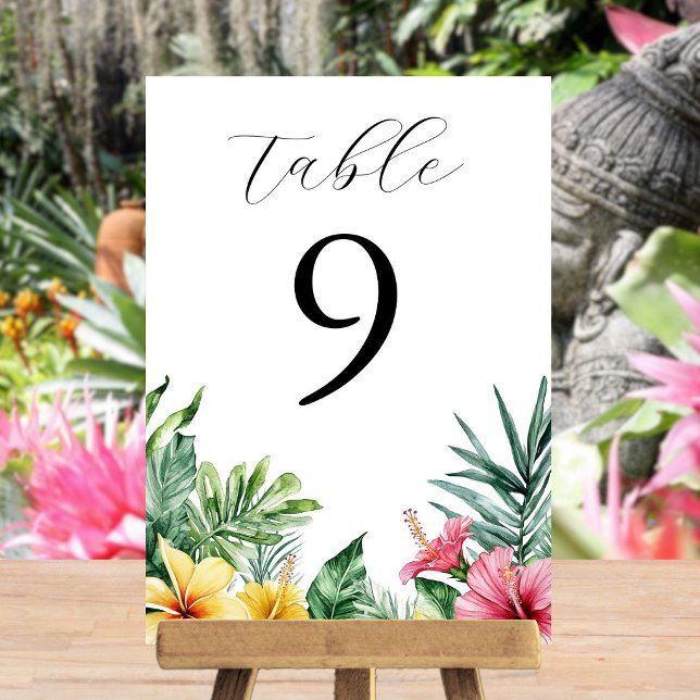 Convites Flores Tropicais Aquarela Verde Folhagem Número da (Watercolor Tropical Flowers Greenery Table Number)