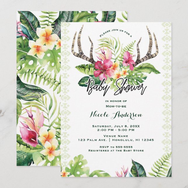 Convites Flores Tropicais Boho Rústico Chifre Baby Shower (Frente/Verso)