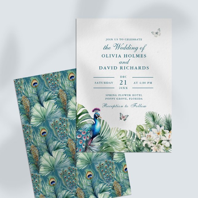 Convites Flores Tropicais Borboleta Casamento Pavão Azul Tu (Teal Peacock Tropical Flowers Butterfly Wedding Invitation)