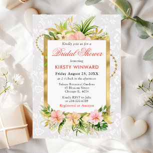 Convites Flores Tropicais Cor-de-rosa Chá de panela de folh