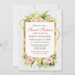 Convites Flores Tropicais Cor-de-rosa, folha de ouro 16