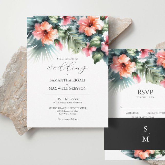 Convites Flores Tropicais de Aquarela e Casamento Verde (Stacked wedding invitations watercolor pink and orange hibiscus flowers and palm leaves.)