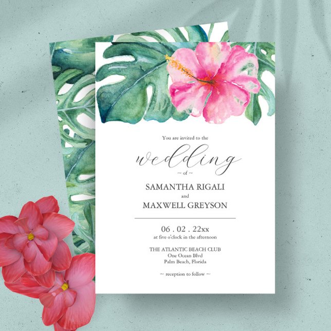 Convites Flores Tropicais de Aquarela e Casamento Verde (Tropical hibiscus flower wedding invitations feature unique watercolor art by Victoria Grigaliunas)