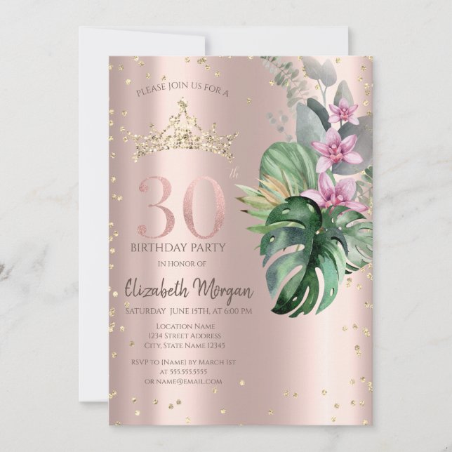 Convites Flores Tropicais Diamantes Dourado Rosa 30º Aniver (Frente)