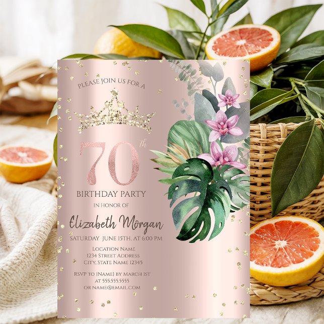 Convites Flores Tropicais Diamantes Dourado Rosa 70º Aniver (Criador carregado)