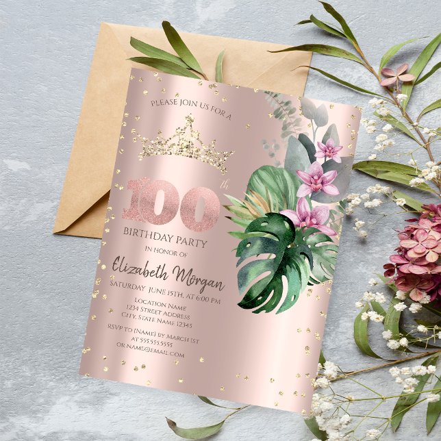 Convites Flores Tropicais Diamantes Ouro Rosa 100º Aniversá (Criador carregado)