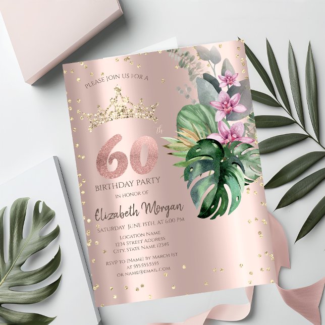 Convites Flores Tropicais Diamantes Ouro Rosa 60º Aniversár (Criador carregado)