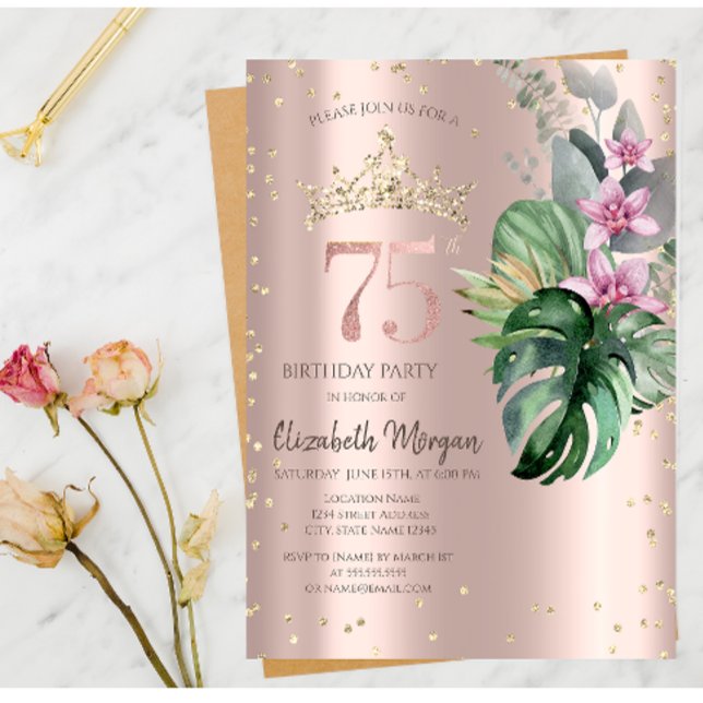 Convites Flores Tropicais Diamantes Ouro Rosa 75º Aniversár (Criador carregado)