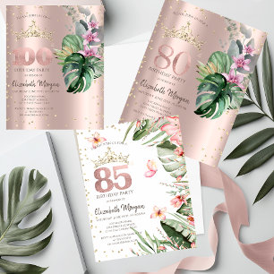 Convites Flores Tropicais Diamantes Ouro Rosa 80º Aniversár