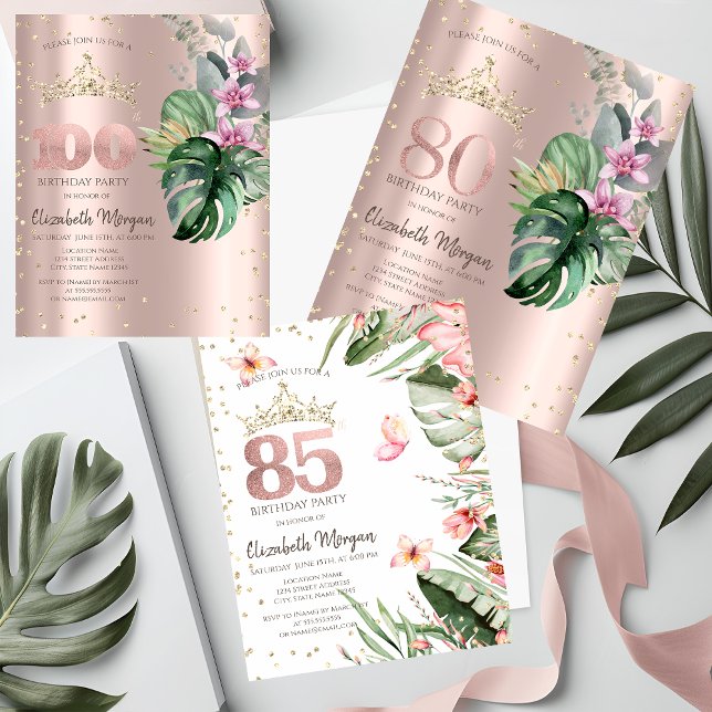 Convites Flores Tropicais Diamantes Ouro Rosa 80º Aniversár (Criador carregado)
