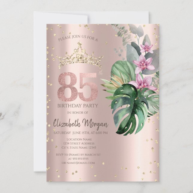 Convites Flores Tropicais Diamantes Ouro Rosa 85º Aniversár (Frente)