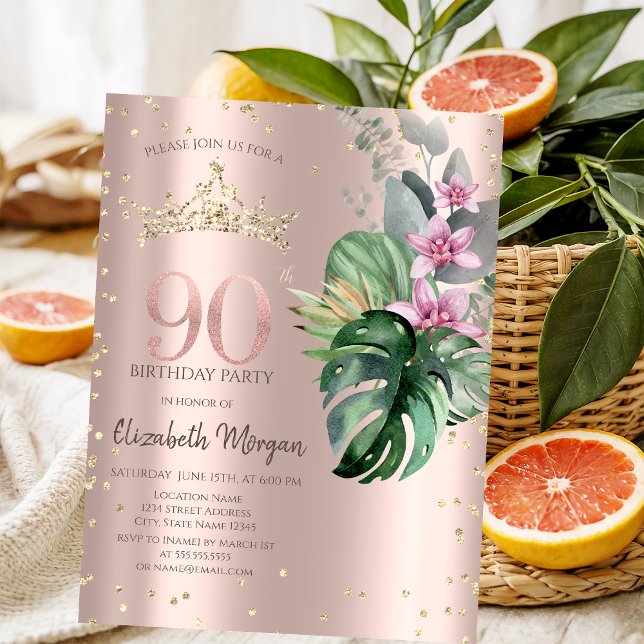 Convites Flores Tropicais Diamantes Ouro Rosa 90º Aniversár (Criador carregado)