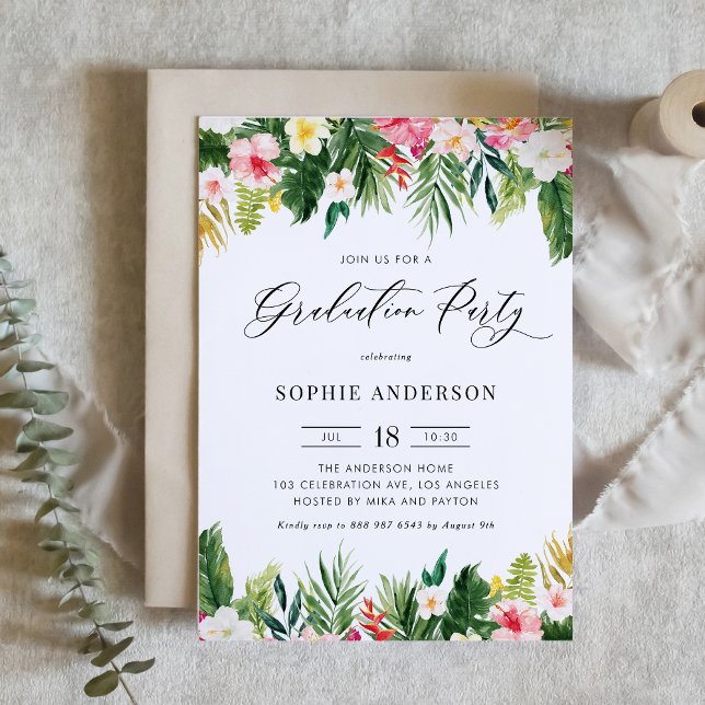 Convites Flores tropicais e Festas de formatura verde (Watercolor Tropical Flowers and Greenery Graduation Party Invitation)