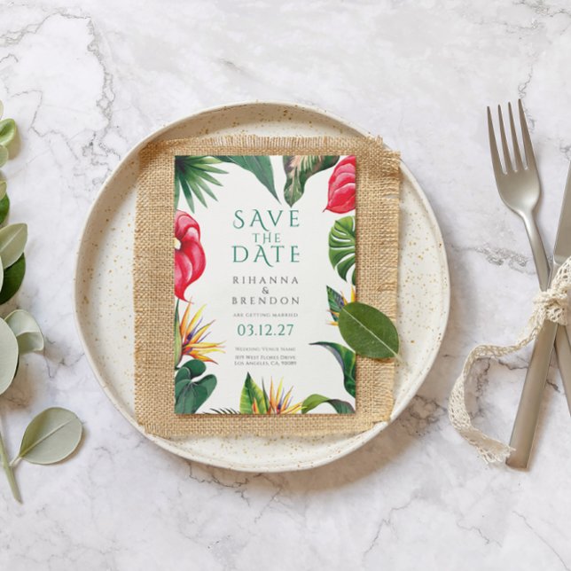 Convites Flores tropicais e Folhas Casando Salvar Data (Criador carregado)